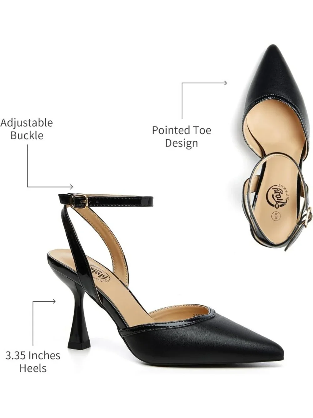 Women's Black Pu Slingback Pointed Toe Stiletto Heels Ankle Strap Dress Shoes